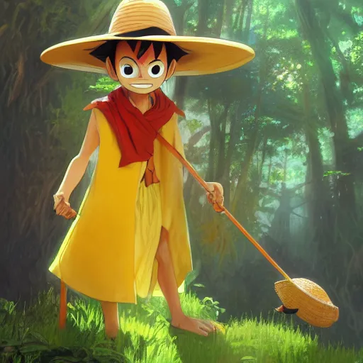 Image similar to concept art painting of an anthropomorphic luffy wearing a yellow cloak, holding a straw hat, in the deep forest, realistic, detailed, cel shaded, in the style of by isaac asimov and marc simonetti and makoto shinkai and greg rutkowski