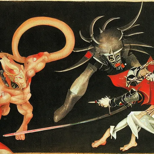 Prompt: Paul Phoenix fights Yoshimitsu, by Hieronymous Bosch