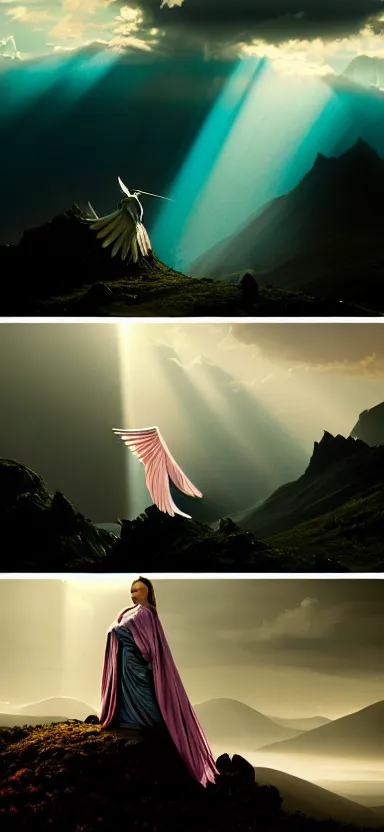 Image similar to royalty angel, big wings, argentina, natalie portman, hudson river school, max rive, full plate armor, f 1 6, bokeh, gentle, female, snowy mountain, storm clouds, god rays, close up portrait, d & d, fantasy, elegant, teal pink white gold color palette, concept art, roger deakins and greg rutkowski and alphonse mucha