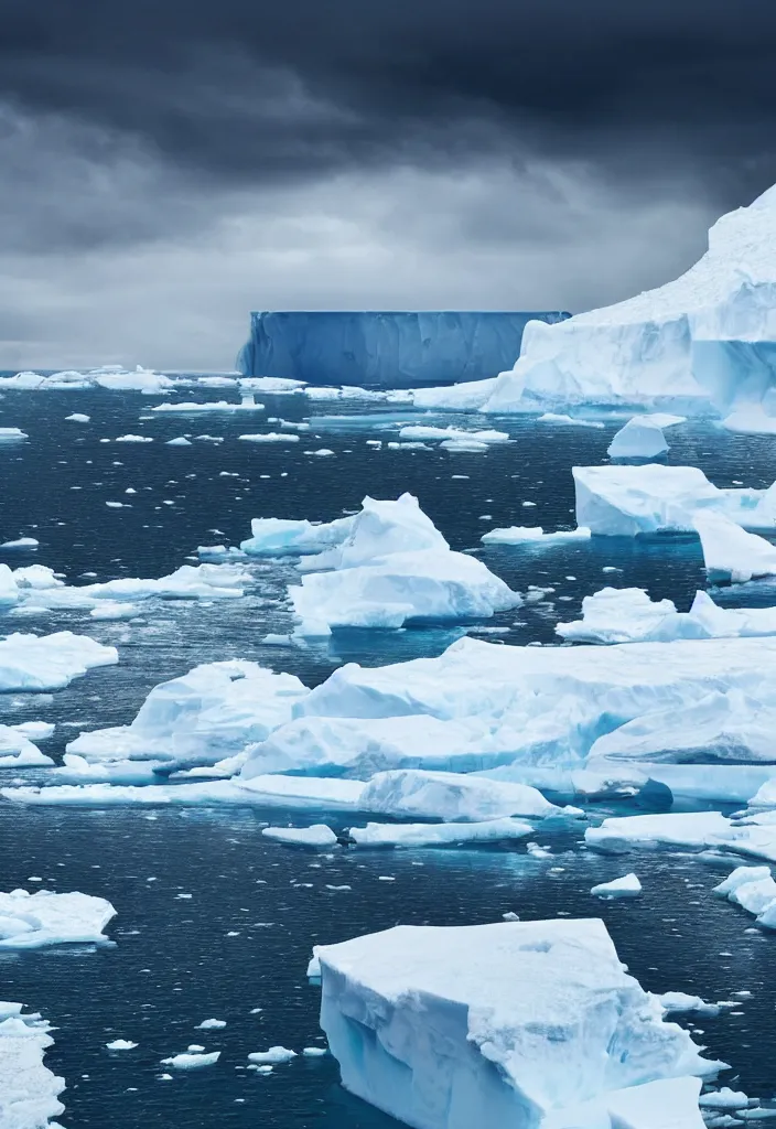 Image similar to ship being persecuted by a police ship over raging turbulent waters in antartica, icebergs in the background, hyper realistic, highly detailed, apocalyptic, intimidating lighting, raytracing, sharp focus, smooth, dramatic action scene