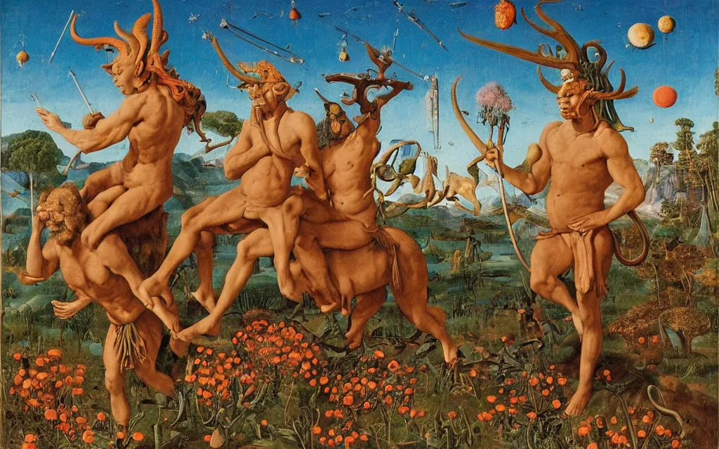 Image similar to a portrait photograph of a meditating satyr and a centaur monk riding a rocket machine and hunting at a river delta. surrounded by bulbous flowers and trees. mountain range under a blue sky of fiery stars. by jan van eyck, max ernst, ernst haeckel, ernst fuchs and artgerm, cgsociety, fashion editorial, 8 k