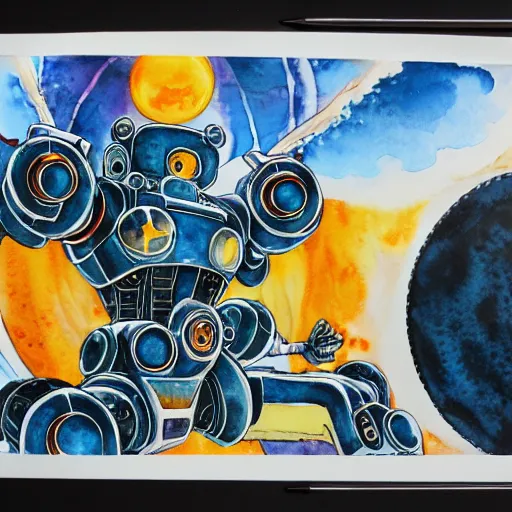 Prompt: an intricate water colour painting of a giant anime robot with rounded and circular parts