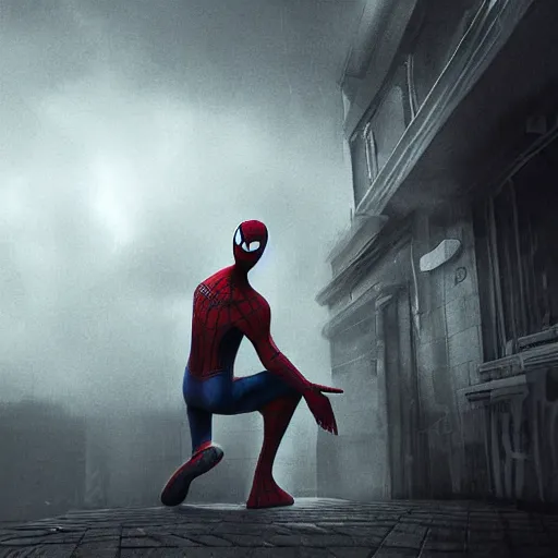 Image similar to moody atmospheric render of an spiderman wearing shorts and sandals by leon tukker