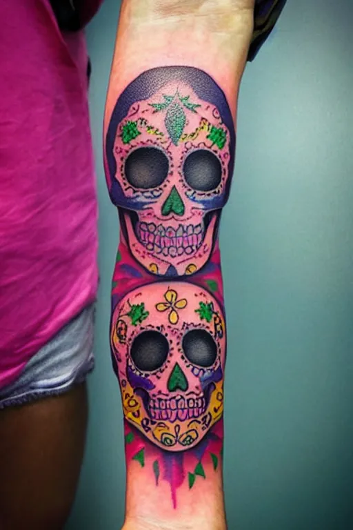 Image similar to tattoo of sugar skull, bright colors