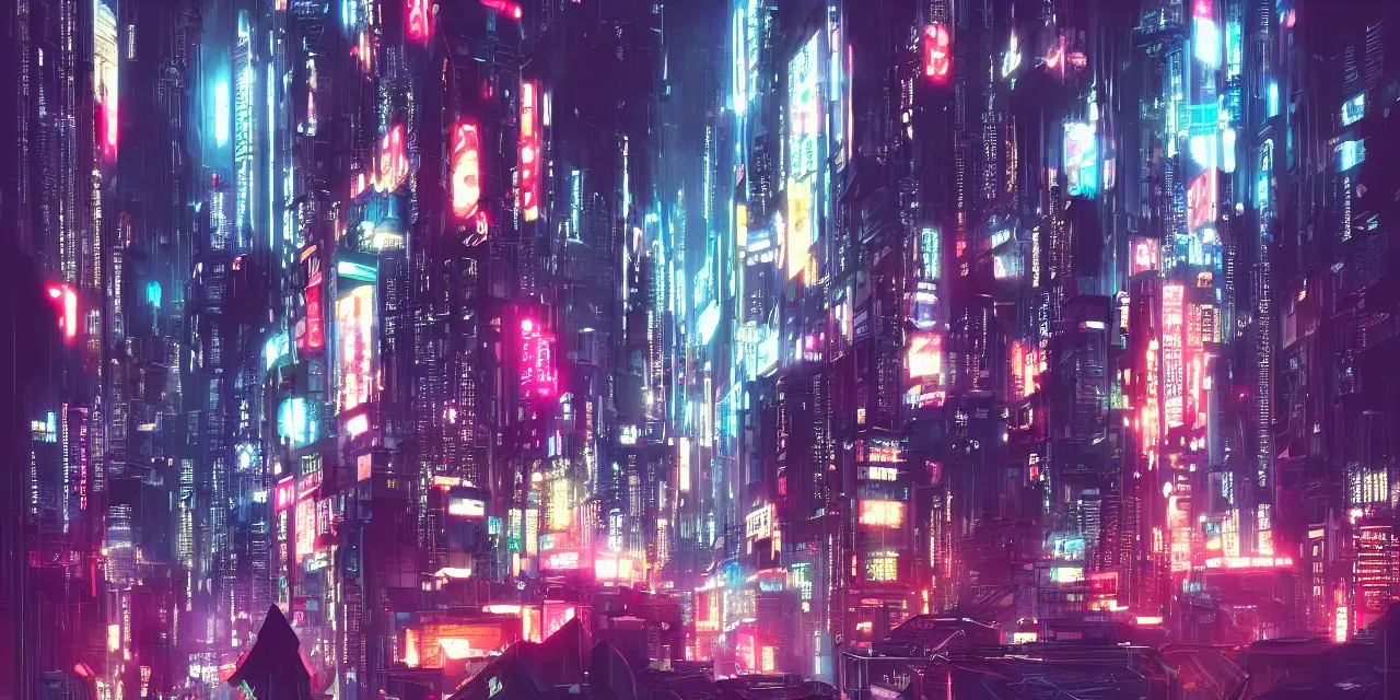 Prompt: a big futuristic cyberpunk city at night, tall buildings, a cat sitting under an umbrella, rain, japanese neon signs, cinematic lighting, artstation trending