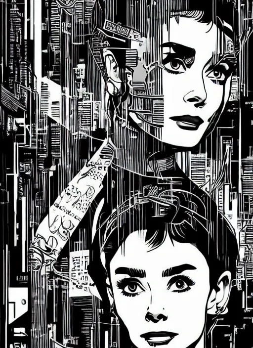 Image similar to audrey hepburn, detailed cyberpunk portrait by tim doyle