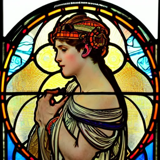 Prompt: goddess of hearing protection, ear plugs, music, dance, sleep, burning man, intricate, stained glass by alphonse mucha