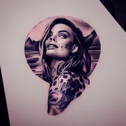 Image similar to tattoo design sketch with double exposure effect, margot robbie face and beautiful mountains, in the style of matteo pasqualin, amazing detail