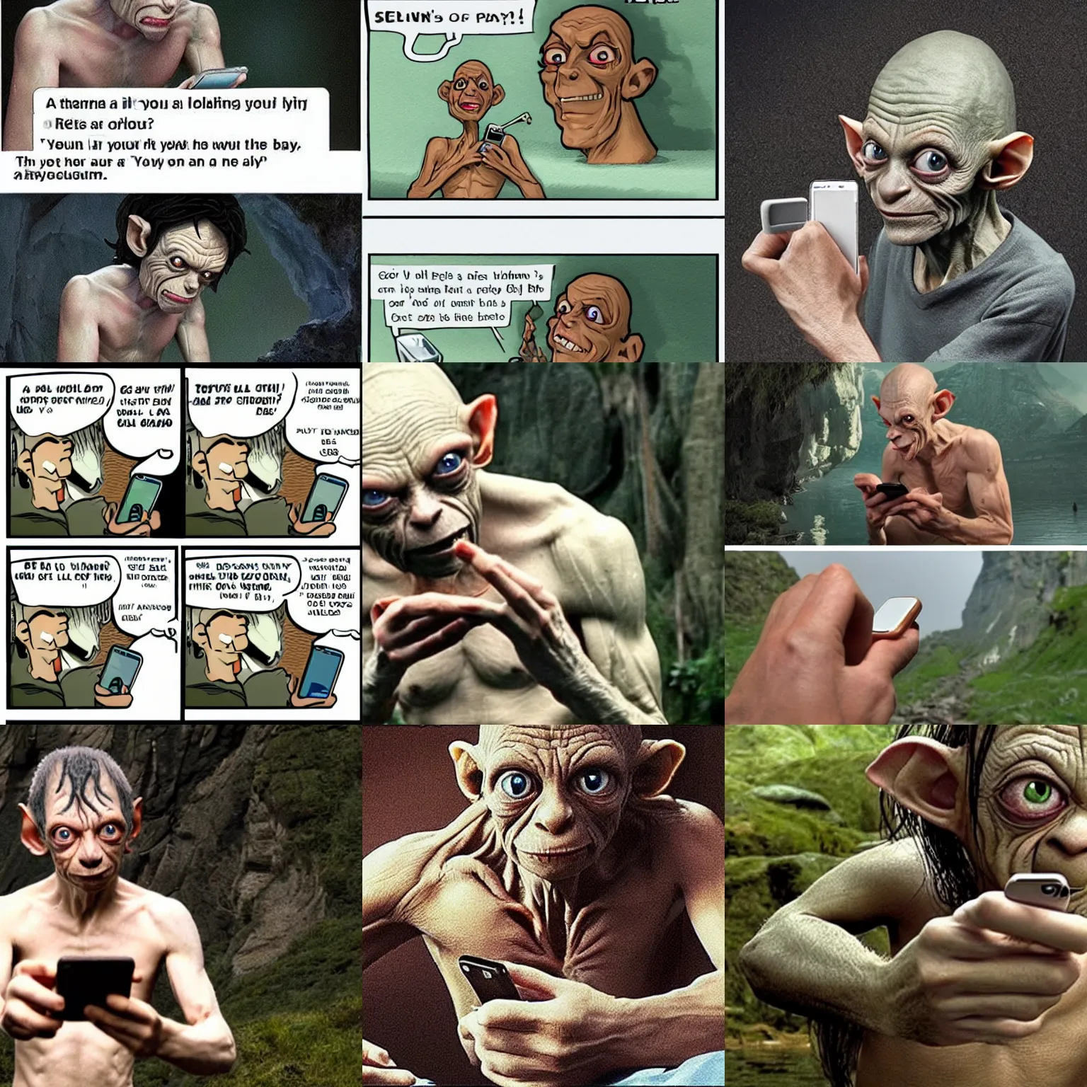 Prompt: Gollum sending a sms with his iphone, realistic