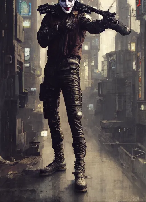 Image similar to the joker. cyberpunk mercenary in a cyberpunk jumpsuit ( blade runner 2 0 4 9, cyberpunk 2 0 7 7 ). orientalist portrait by john william waterhouse and james gurney and theodore ralli and nasreddine dinet, oil on canvas. cinematic, hyper realism, realistic proportions, dramatic lighting, high detail 4 k