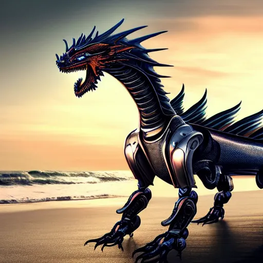 Image similar to epic close up shot, realistic detailed stunning beautiful anthropomorphic robot mechanical female dragon, doing an elegant pose with hand on hip, looking to the side, sleek streamlined armor and design, sharp claws, sleek well designed head, standing on two legs, wearing a hooded cloak that blows in the wind from behind her, on the beach during sunset, high quality, cinematic art, sunset lighting, artstation, deviantart, furaffinity