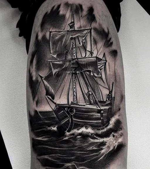 Image similar to A realistic tattoo design sketch of a pirate ship, paper background, black and white, highly detailed tattoo, shaded tattoo, hyper-realistic tattoo