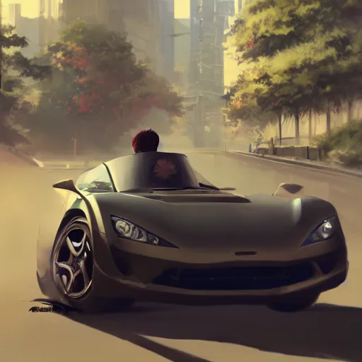 Image similar to a young anime man driving a sports car, style game square enix life, trending on artstation, painted by greg rutkowski, render naughty dog, octane render, detailed