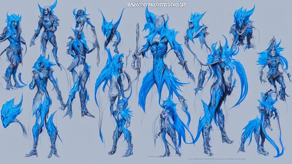 Image similar to a fantasy Bright blue ghost demon character design sheet, trending on artstation