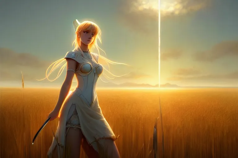 Prompt: wlop's legendary, beautiful digital painting of saber lily standing in a field of wheat, facing the far - off city to the west, intricate details, ultra realistic, beautiful art, volumetric lighting, by wlop, by art germ, by brom, trending cgsociety, artstation