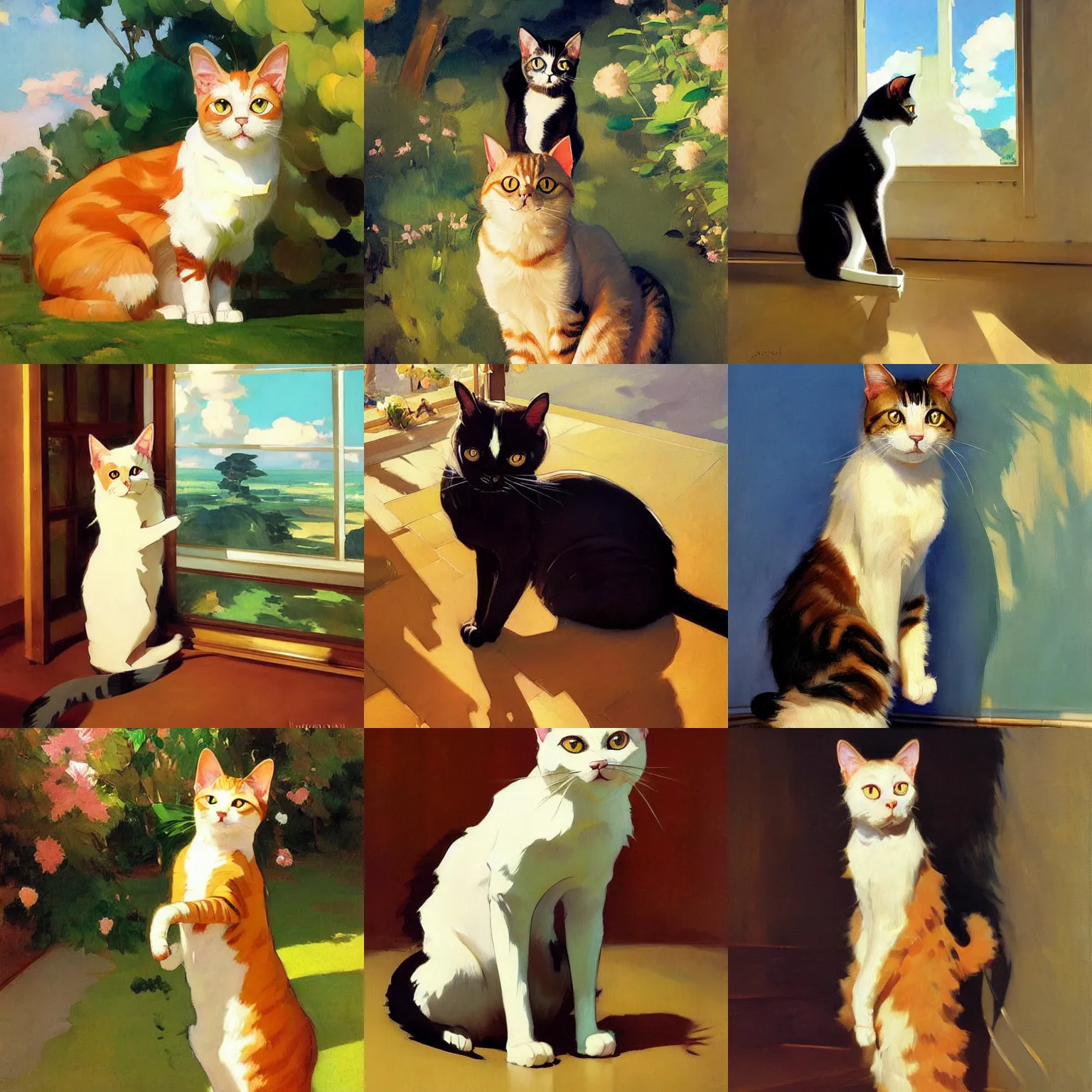 Prompt: a cat with ears down standing up by studio ghibli painting by joaquin sorolla rhads leyendecker an aesthetically pleasing dynamic energet