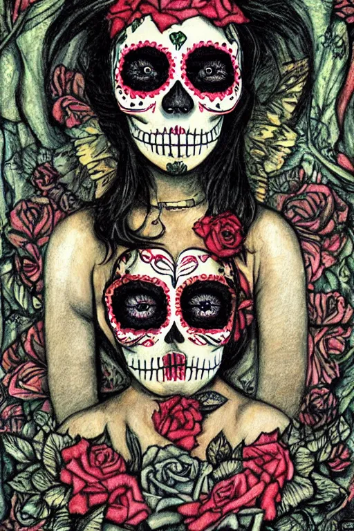 Image similar to illustration of a sugar skull day of the dead girl, art by carlos shwabe