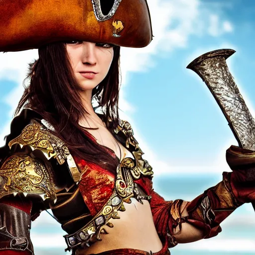 Image similar to beautiful pirate queen with ornate armour, highly detailed, 4k, HDR, smooth, sharp focus, hyper realistic, high resolution, award-winning photo