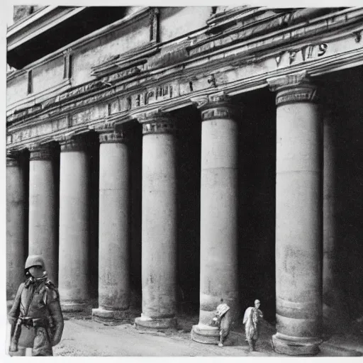 Image similar to a brutalist building with roman style ionized columns and german ww 2 soldiers standing in front