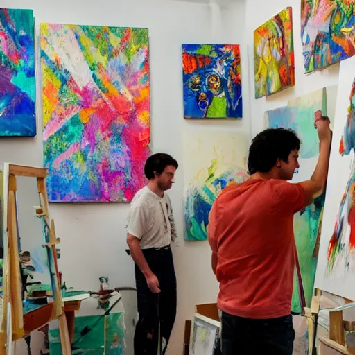 Image similar to An artist is standing in his studio furiously throwing paint around, in the background you can see numerous canvases with simple cat drawings