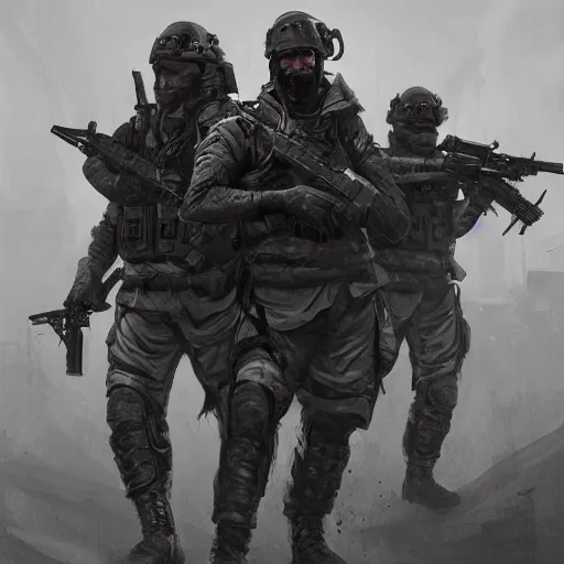 Prompt: British mercenaries in grey uniforms with black armor vests in Afghanistan 2020, by Cedric Peyravernay, highly detailed, excellent composition, cinematic concept art, dramatic lighting, trending on ArtStation