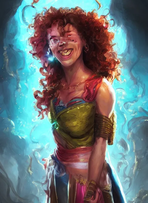 Prompt: an epic fantasy comic book style portrait painting of a girl wearing colorful makeup with a mischievous smile and curly brown hair stepping out of a doorway with light shining behind her, unreal 5, daz, hyperrealistic, octane render, cosplay, rpg portrait, dynamic lighting