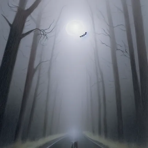 Image similar to creepy humanoid masculine silhouette hovering above a foggy road, gerald brom, horror