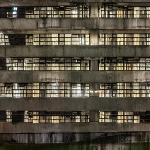 Prompt: a furturistic brutalist complex built in brutalism architecture, ten by ten kilometers large, with lush gardens and forests between the buldings, diverse unique building geometry full of shapes and corners, photography at night