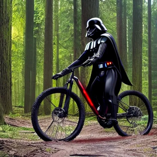 Image similar to darth vader ist riding a mountainbike fast through a burning forrest