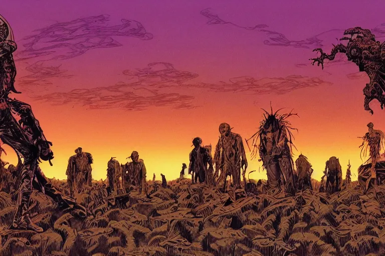 Prompt: disturbing horror zombie defeat illustration by joe fenton and syd mead and p. craig russell and barry windsor - smith, artstation, 4 k, graphic novel, concept art, matte painting, beautiful american rustic western landscape sunset background, golden hour, art nouveau