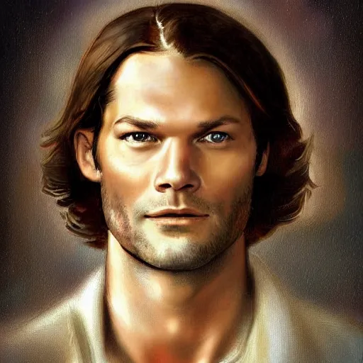 Image similar to Stunning portrait of handsome Jared Padalecki as an angel, in the style of norman rockwell, digital art