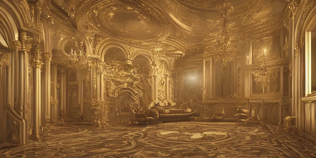 Prompt: a view of the inside of a luxurious late Nineteenth century palace, intricate, elegant, highly detailed, ornate, beautifully lit, ray traced, octane render