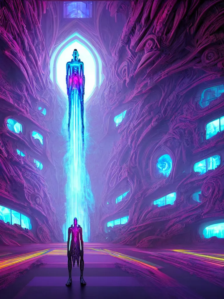 Image similar to entrance to ethereal realm, cybergod vishnu, rendered in unreal engine, central composition, symmetrical composition, dreamy colorful cyberpunk colors, 6 point perspective, fantasy landscape with anthropomorphic!!! terrain!!! in the styles of igor morski, jim warren and rob gonsalves, intricate, hyperrealistic, volumetric lighting, neon ambiance, distinct horizon