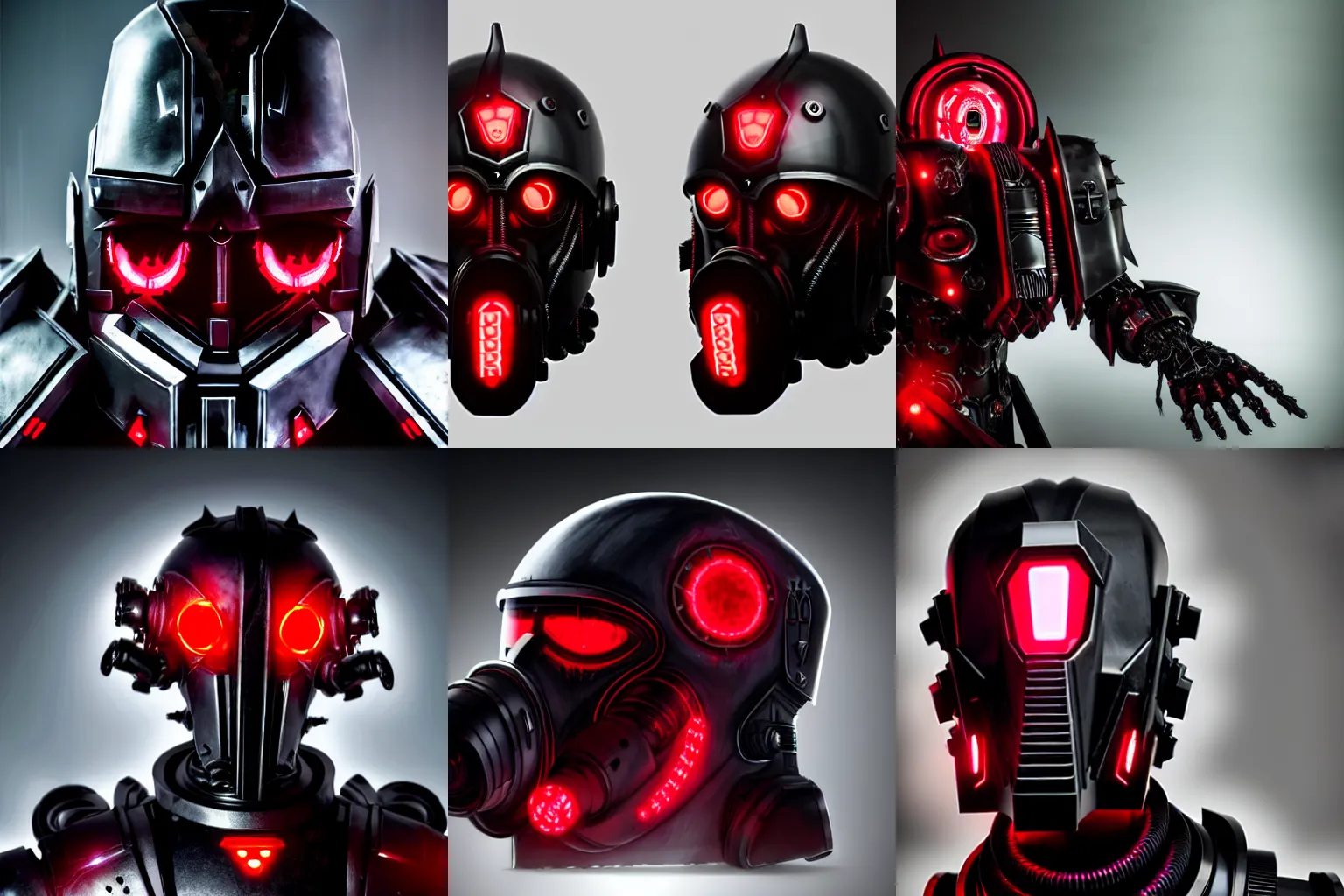 Prompt: terrifying ominous evil resonant genetically augmented high tech armored helm designed by hp warhammer 4 0 k in ominous black and red with cyborg lights, cyborg respirator, sleek elegant psychic caster's helmet, third eye glass bubble on the forehead, high octane cybernetics, ultra 4 k concept turnaround