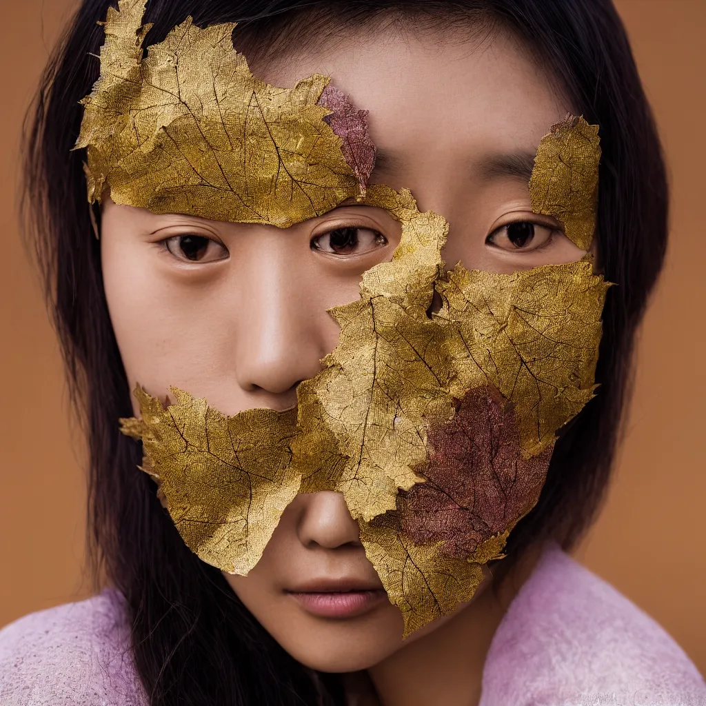 Image similar to close up portrait of a young korean face, gold leaves and violet silk threads mask, fashion magazine, portrait photography, annie leibovitz, david lazar, 1 0 5 mm, f 2. 8, in autumn, 8 k, detailed