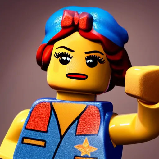 Image similar to a Lego minifig of Rosie the Riveter, high detail, realistic octane render, soft lighting, Dynamic pose, close-up, 8k