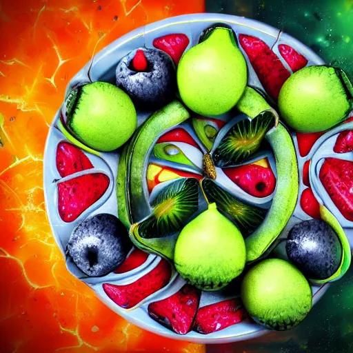 Prompt: alien fruits on a plate, fruits from a different planet, realistic, extraterrestrial