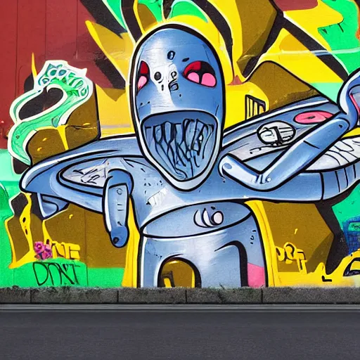 Prompt: friendly alien with starship, graffiti, from a distance, people walking in front, detailed, realistic