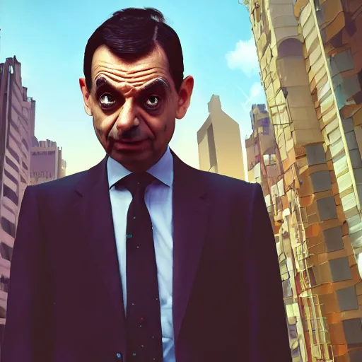 Image similar to mr bean, head and shoulder shot, cyberpunk city, city background, 4k, beautiful face, trending on artstation, digital art