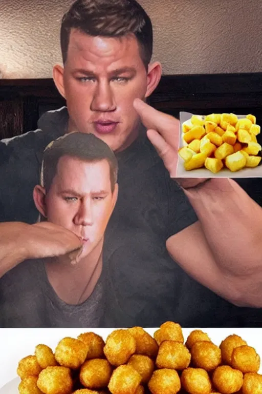 Image similar to a big tater tot on a plate with channing tatum face, channing tatum made out of tater tot, photo