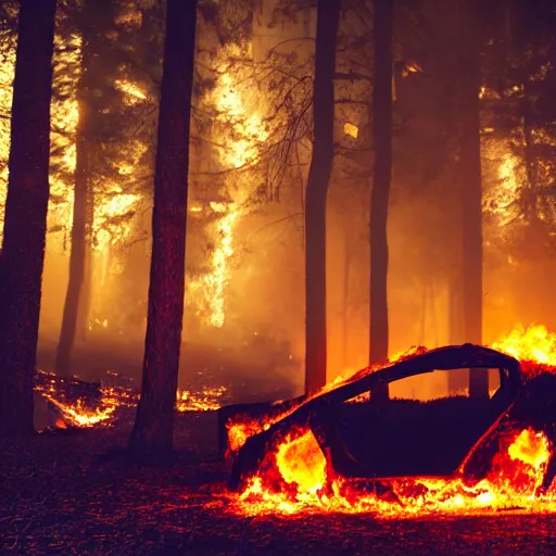 Image similar to cyberpunk car on fire in the middle of the woods at night fire fiery sci fi advance