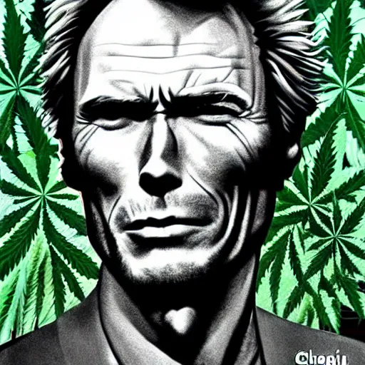 Image similar to clint eastwood portrait made of cannabis, weed art