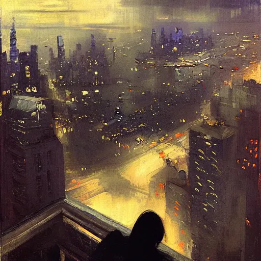 Prompt: “ a girl looking down at a futuristic new york city below, ghostpunk, neon lights, fog, storm clouds, rain, detailed face, oil painting, by george bellows ”