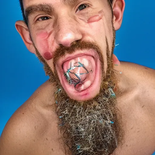Prompt: man filled with microplastics