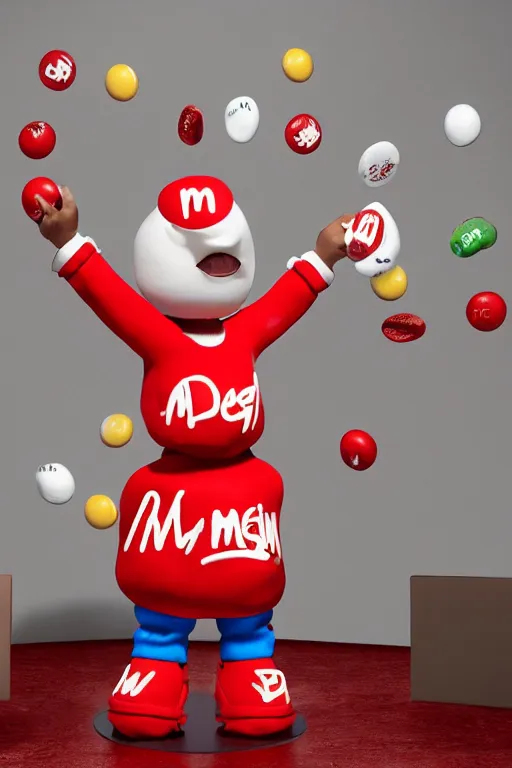 Image similar to a single red m & m candy with white arms and legs, a red sphere wearing a white baseball cap, eminem as the red m character standing on a floor covered with m & m candies, m & m candy dispenser!!!, m & m plush, unreal engine, studio lighting, unreal engine, volumetric lighting, artstation, cosplay, by hans bellmer