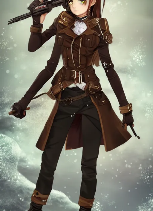 Image similar to girl with steampunk weapons and uniform, serious, intense, finely detailed, made by artgerm, full body portrait, illustration, snow, snowing, cloudy, anime, side view, perfect anime face, realistic face, zoomed out, smooth, brown eyes, high waisted shorts, sharp focus, key visual of your name