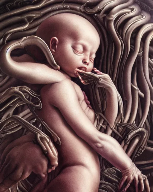 Image similar to newborn from alien by evelyn de morgan, by hr giger, hd, hyper detailed, 4 k