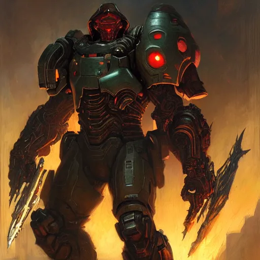 Image similar to Doom Slayer, by gaston bussiere, craig mullins, Simon Bisley