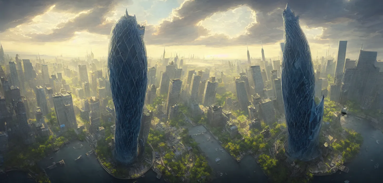 Prompt: aerial view of a giant fish tank shaped like a tower in the middle of new york city, cinematic view, epic sky, detailed, concept art, low angle, high detail, warm lighting, volumetric, godrays, vivid, beautiful, trending on artstation, by jordan grimmer, huge scene, grass, art greg rutkowski