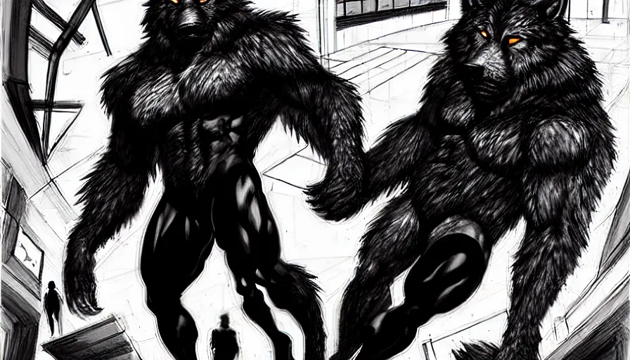 Prompt: in the style of artgerm, steve niles, rafael albuquerque, large hairy werewolf, shopping mall at night, horror scary terror